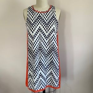 White, navy and reddish orange mini shirt dress